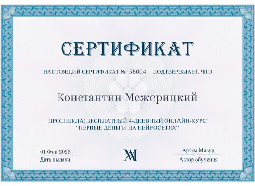 Сертификат о прохождении онлайн-курса «Первые деньги на нейросетях»
